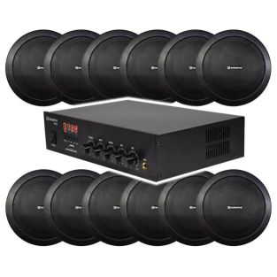 Geluidsinstallatie met compacte 100V versterker en 12 zwarte inbouw speakers