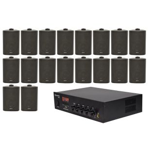 Geluidsinstallatie met compacte 100V versterker en 18 zwarte opbouw speakers