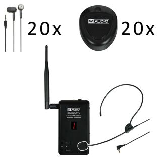 Draadloos Sport of presentatie set met 1 zender 20 ontvangers en 20 wegwerp oortjes