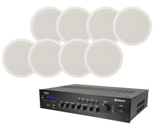 Geluidsinstallatie met 19 inch 100V versterker en 8x 120W speakers
