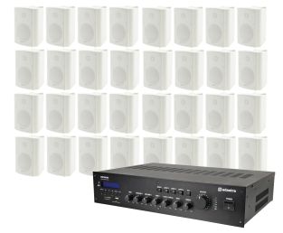 Geluidsinstallatie met 19 inch 100V versterker en 32 witte opbouw speakers