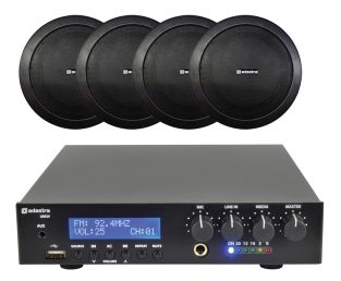 Geluidsinstallatie met compacte 100V versterker en 4 zwarte inbouw speakers